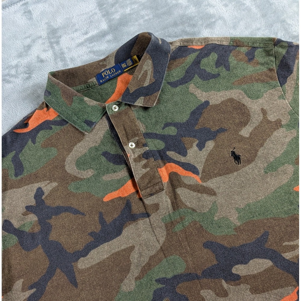 Polo Ralph Lauren Polo Shirt Mens 2XLT  Orange Woodland Camo Mesh Short Sleeve